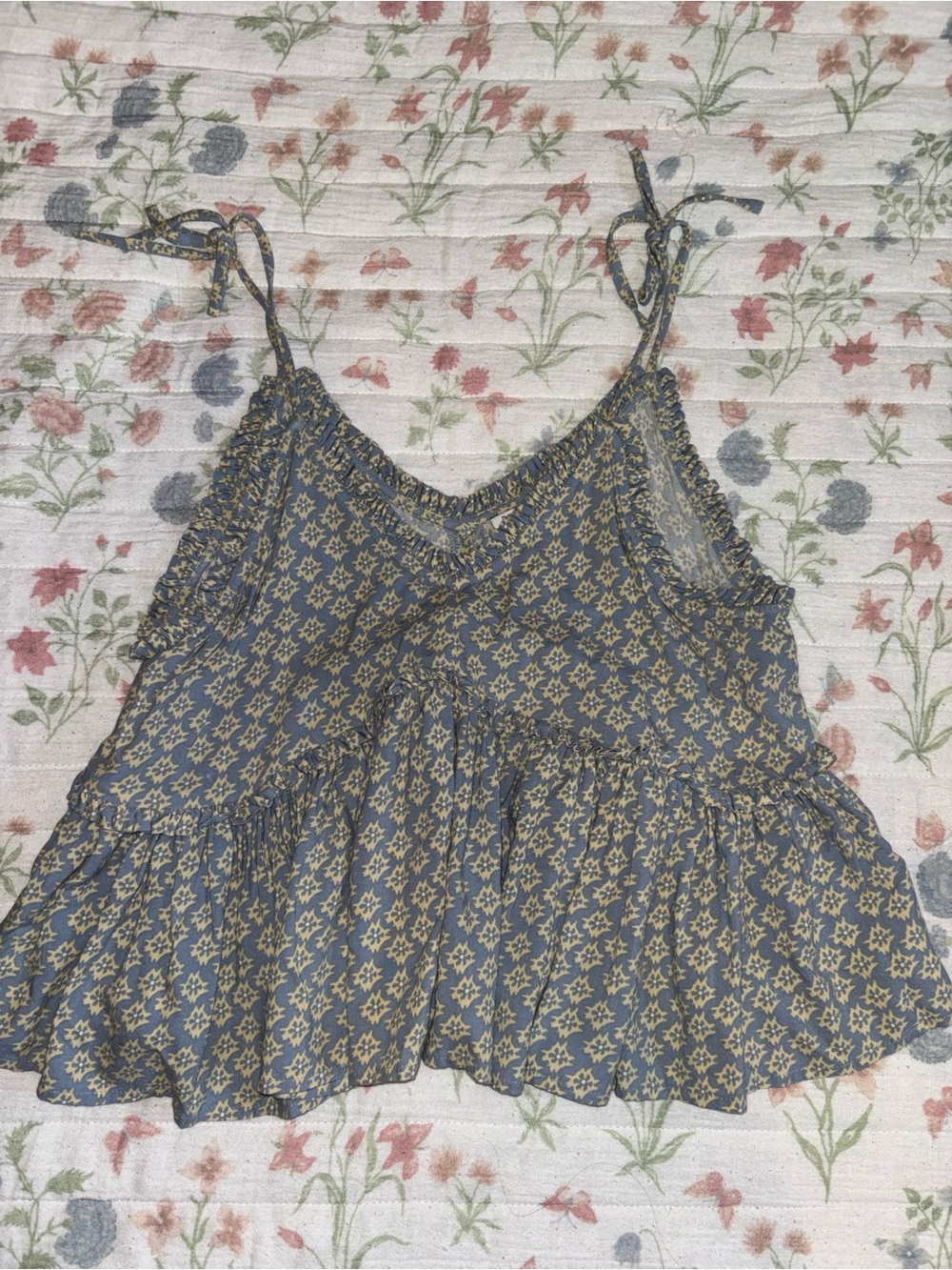 Patrons of Peace Blue and Cream Floral Tie-Shoulder Tiered Camisole